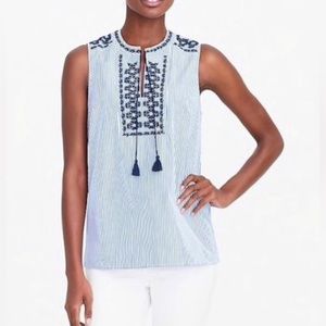 J. Crew Blue White Stripe Embroidered Popover Shell Sleeveless Top Size 10